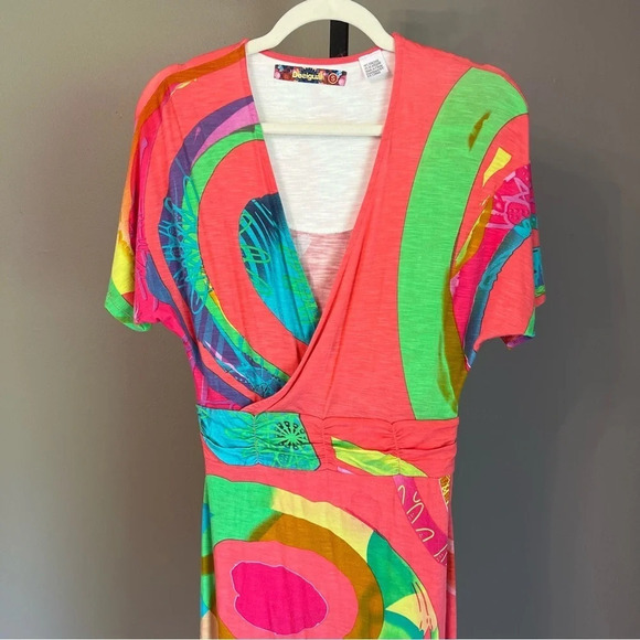 Desigual V Wrap Short Sleeve Dress Coral Small Colorful Artsy Beach Vacation - Picture 2 of 4
